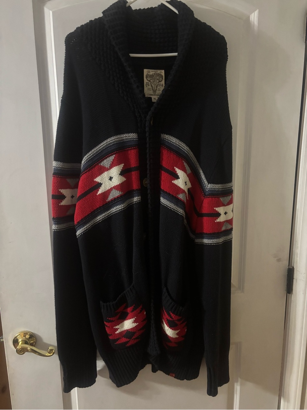 Men's Shawl Collar Cardigan Sweater with Navajo Stripe - Navy/Red